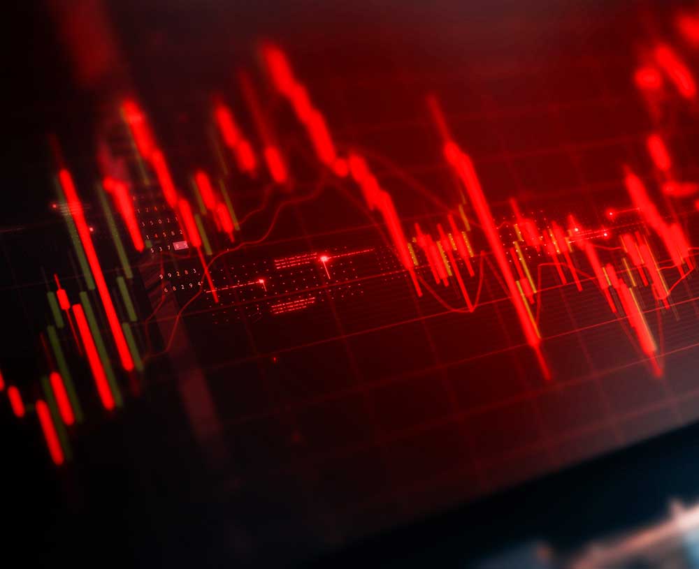 a red fintech / crypto ticker rising and falling