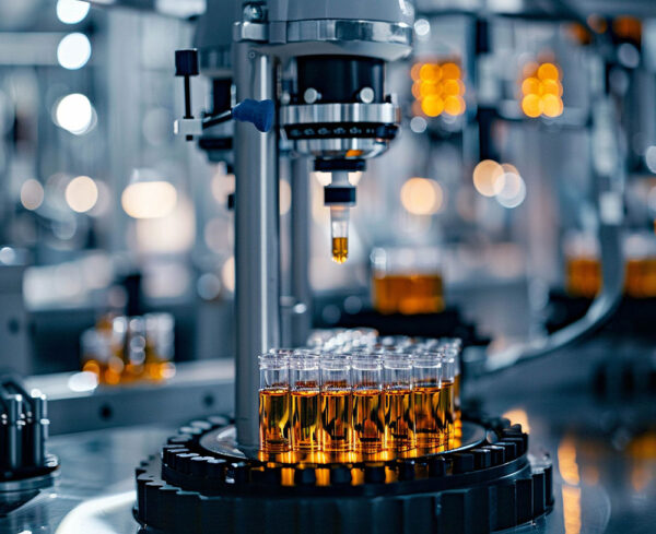 making pharmaceuticals in lab ; vials with orange liquid