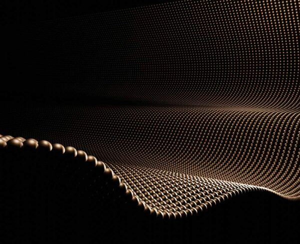 black and gold spheres linked together creating a wavy sheet