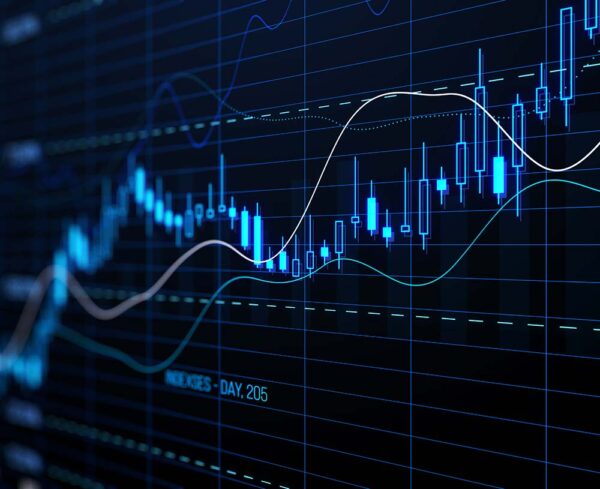 Perspective view of stock market growth, business investing and data concept with digital financial chart graphs, diagrams and indicators on dark blue blurry background. 3D rendering