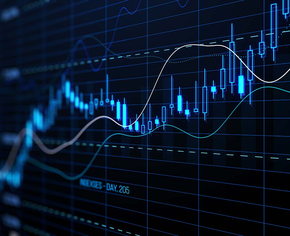 Perspective view of stock market growth, business investing and data concept with digital financial chart graphs, diagrams and indicators on dark blue blurry background. 3D rendering