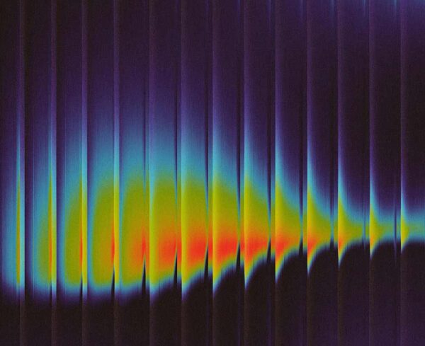 abstract, spectrogram-style, a dark purple/black background with lots of thin vertical streaks, and a glowing horizontal band across the middle that shifts from blue to green to yellow and red