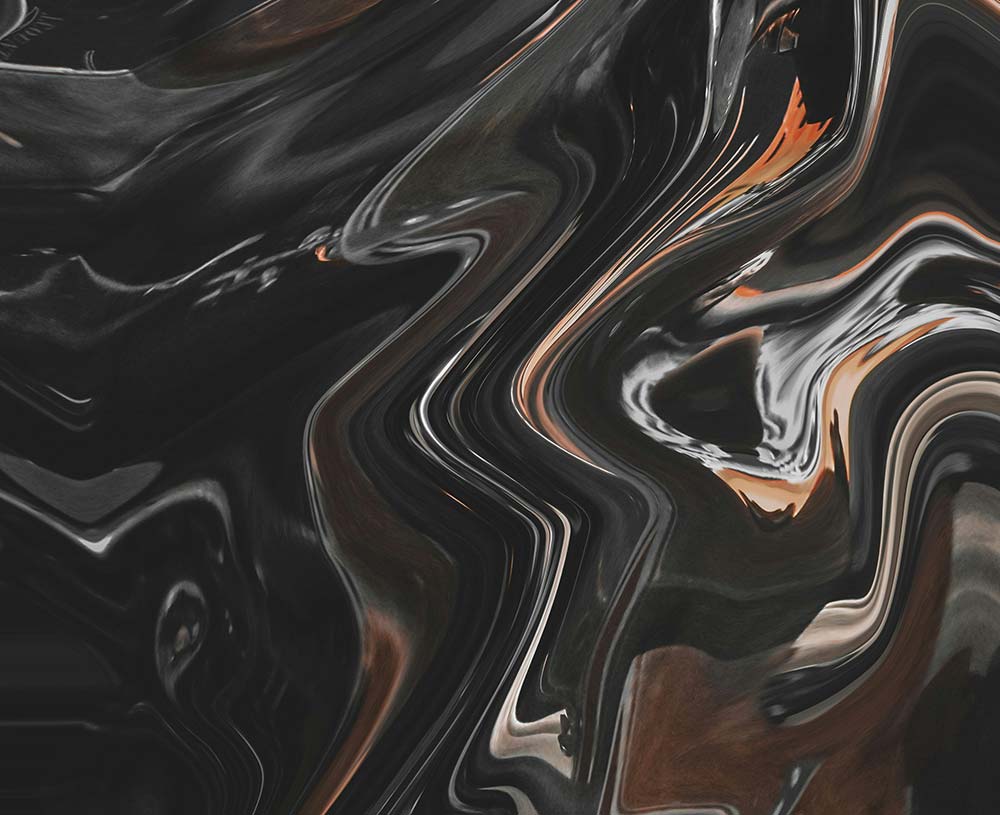 Abstract reflective swirl design using black, brown, orange and gray colors