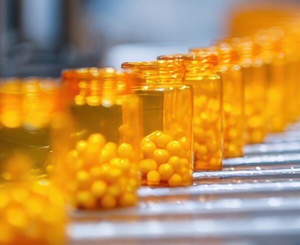 pill bottles filled halfway with pills on a conveyer belt