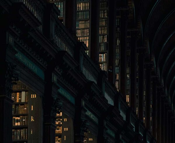 inside of a dark library, books and sections of the library