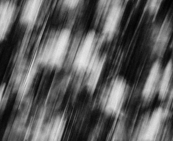 black and white image looking like fast movement outside with specks of light
