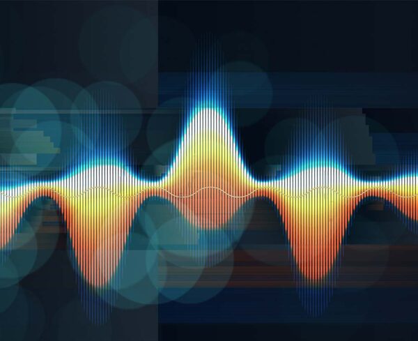 Abstract background with color sound wave lines and blurred lines on blue. Technology sound wave and spot light.
