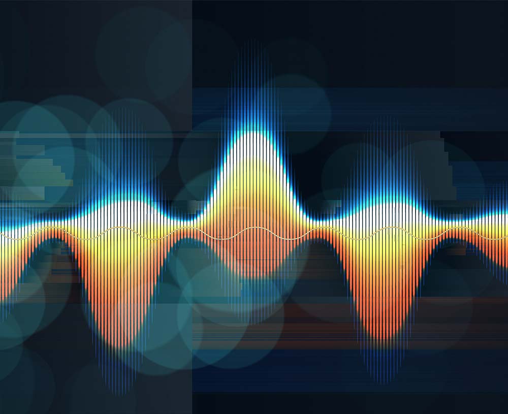 Abstract background with color sound wave lines and blurred lines on blue. Technology sound wave and spot light.